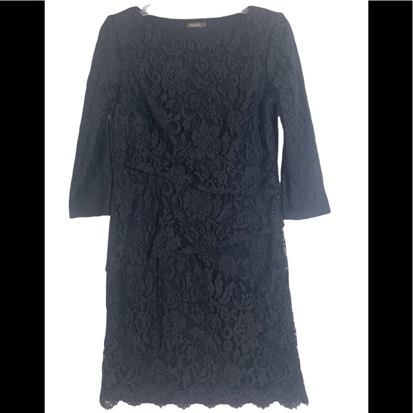 - J. McLaughlin Nicola Black Tiered Lace Dress 3/4 sleeves - Picture 2 of 10